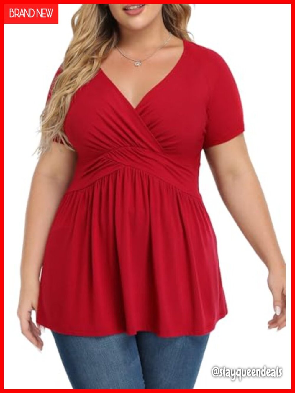 Plus Size Wrap Tunic Top Short Sleeve V Neck Blouse with Belt